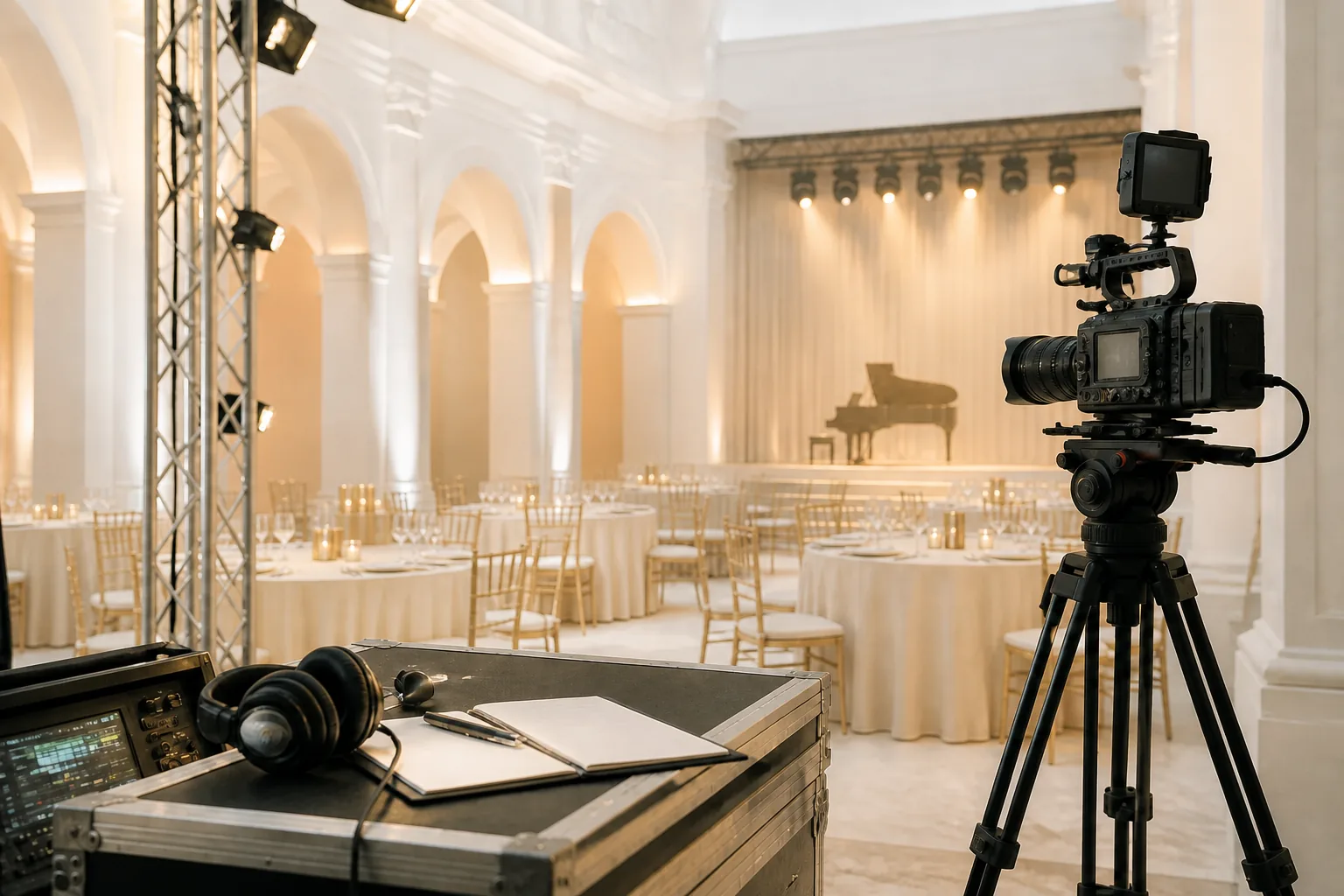 Produkční zázemí světlého eventového prostoru s kamerou